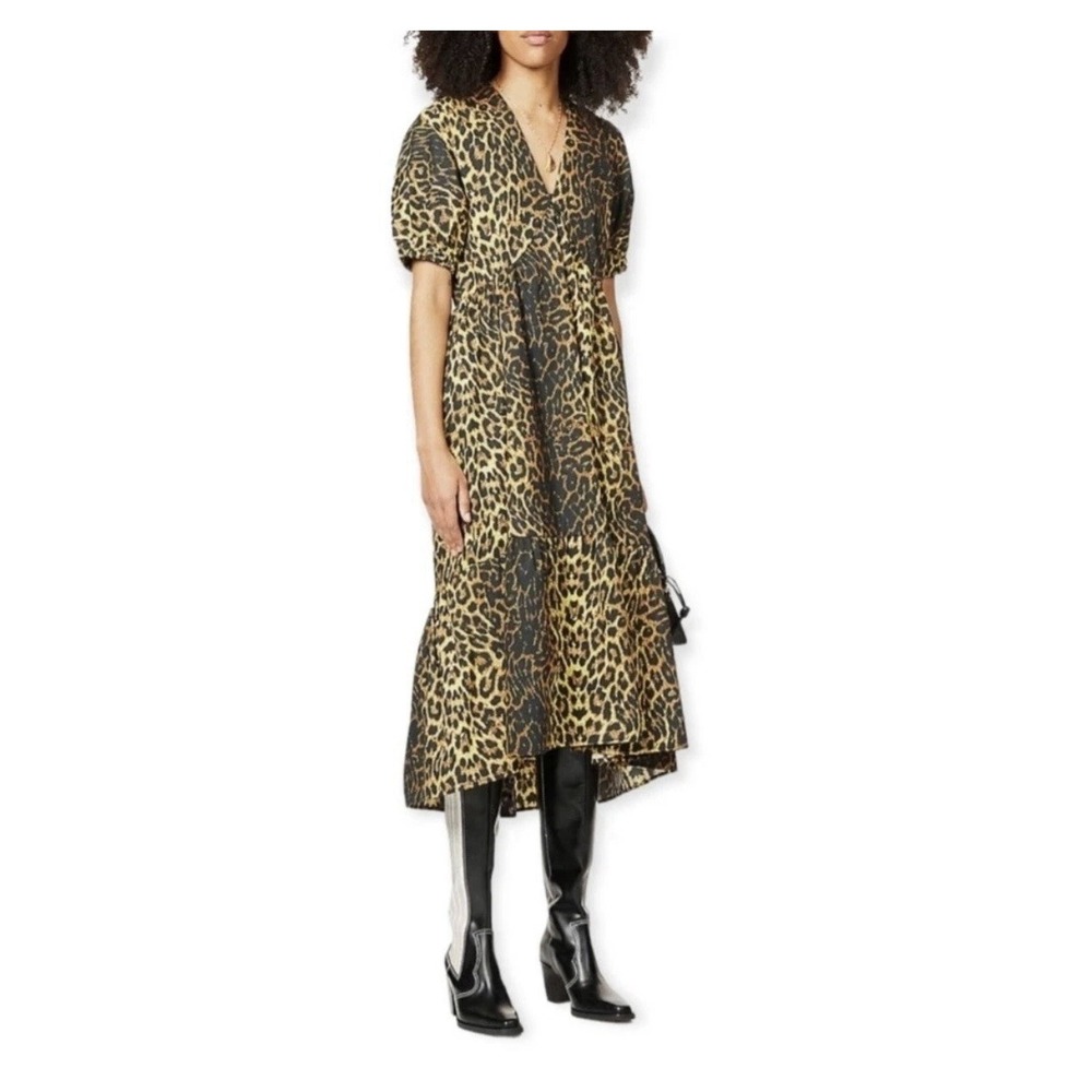 Topshop Leopard Print Midi Dress US 8 Puff Sleeve Fit & Flare Cotton